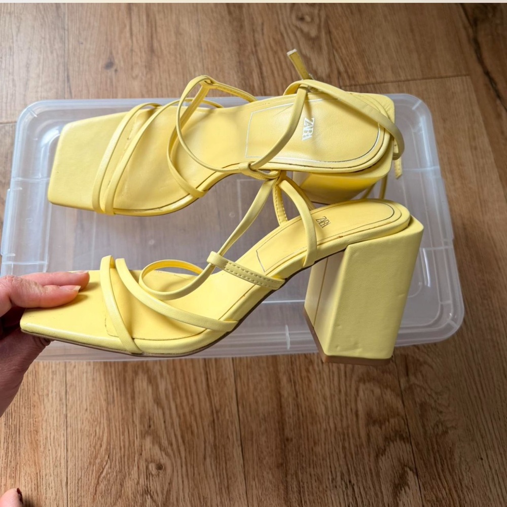 Zara Lemon Yellow Strappy Block Heel Sandals